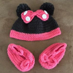 Minnie Mouse Ears Crocheted Beanie Hat & Mary Jane Booties